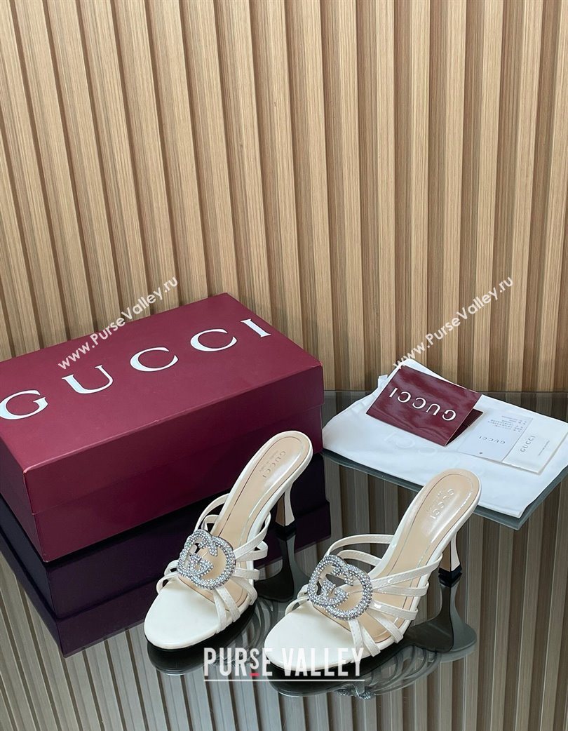 Gucci Patent Leather Heel Slides Sandal 8.5cm with Strass Interlocking G White 2025 852663 (MD-251217100)