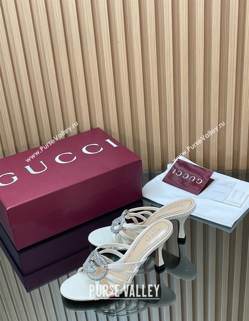 Gucci Patent Leather Heel Slides Sandal 8.5cm with Strass Interlocking G White 2025 852663 (MD-251217100)