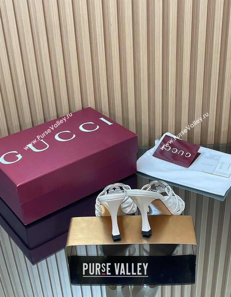 Gucci Patent Leather Heel Slides Sandal 8.5cm with Strass Interlocking G White 2025 852663 (MD-251217100)