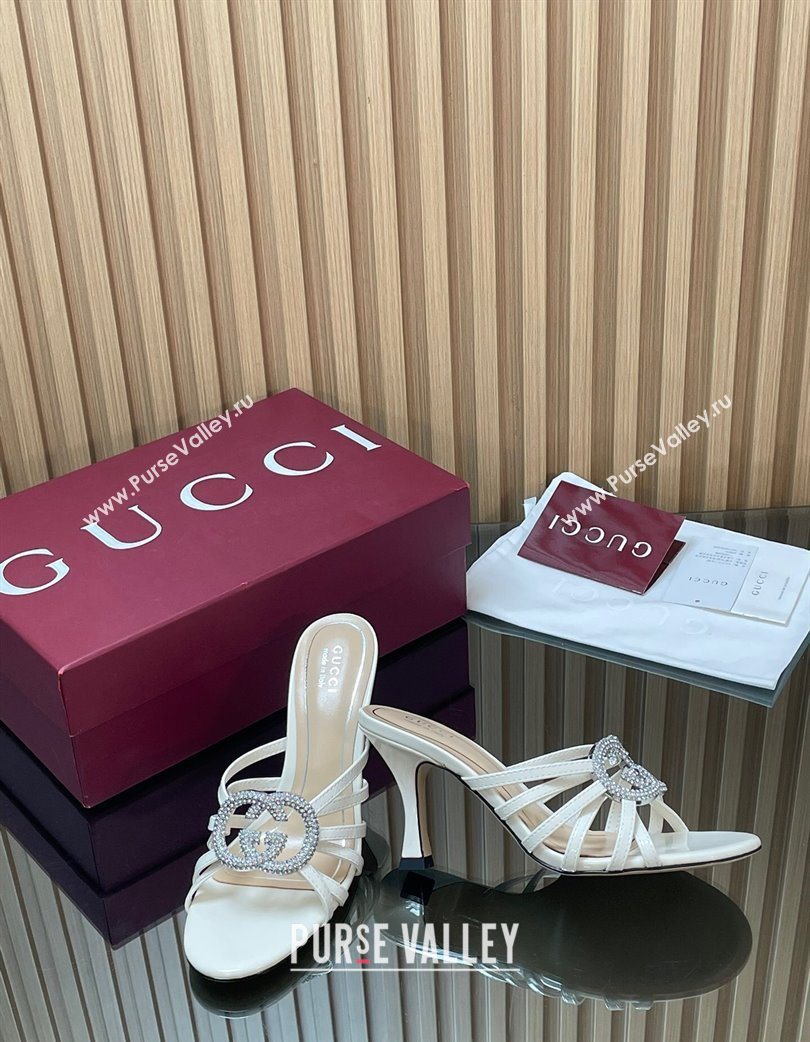 Gucci Patent Leather Heel Slides Sandal 8.5cm with Strass Interlocking G White 2025 852663 (MD-251217100)