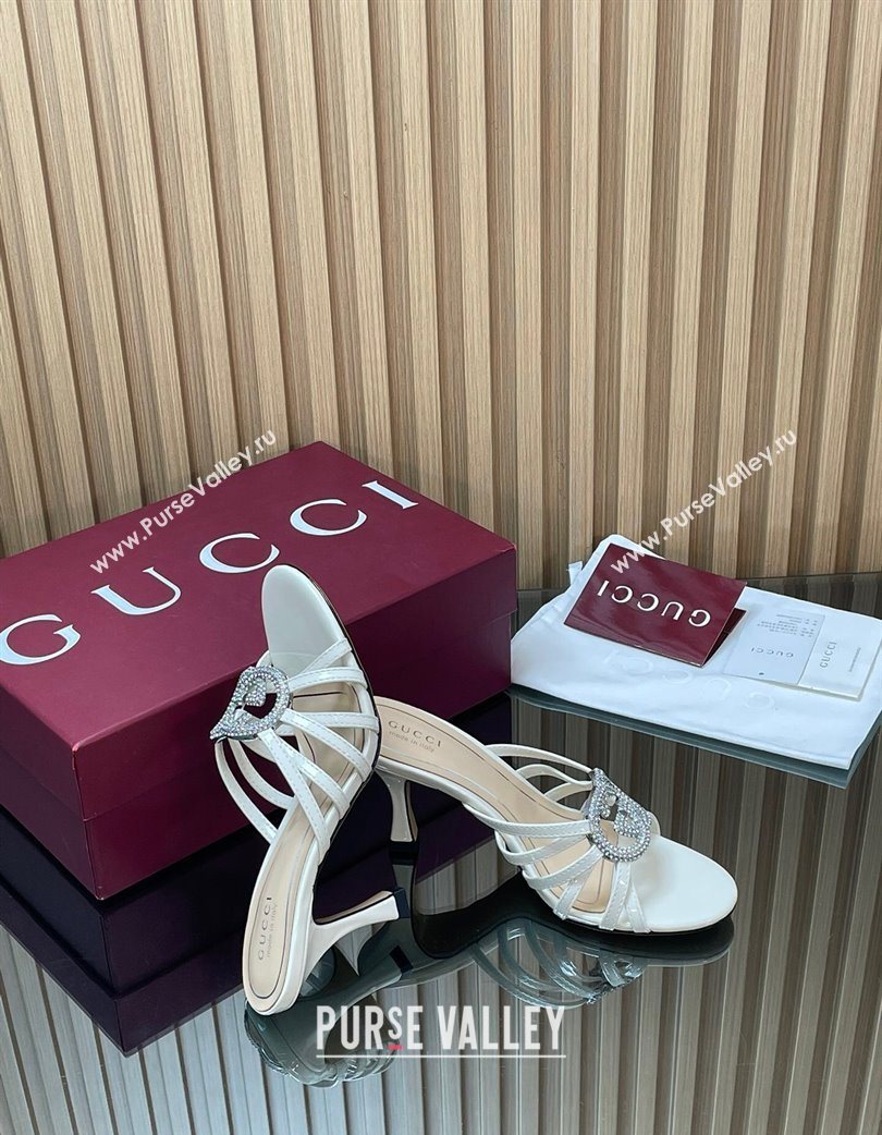 Gucci Patent Leather Heel Slides Sandal 8.5cm with Strass Interlocking G White 2025 852663 (MD-251217100)
