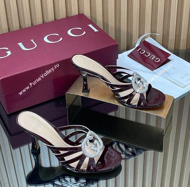 Gucci Patent Leather Heel Slides Sandal 8.5cm with Strass Interlocking G Dark Burgundy 2025 852663 (MD-251217102)