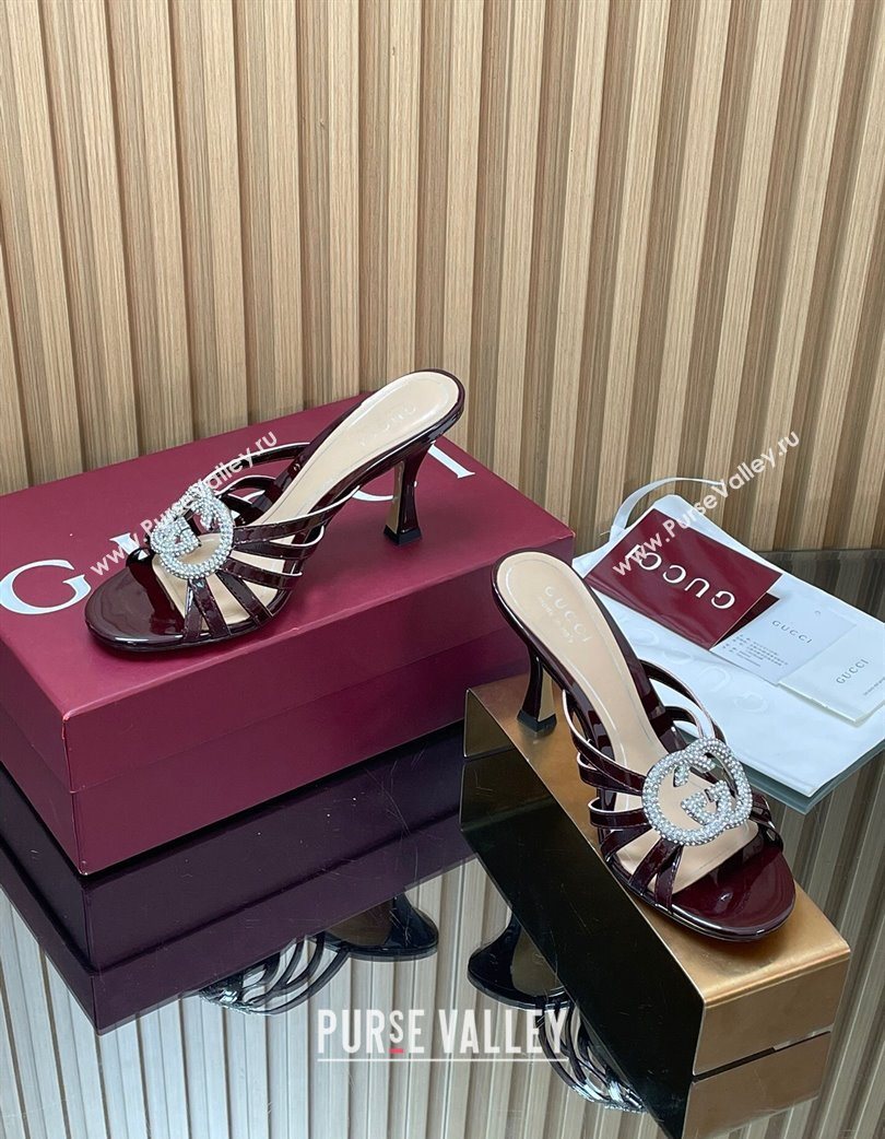 Gucci Patent Leather Heel Slides Sandal 8.5cm with Strass Interlocking G Dark Burgundy 2025 852663 (MD-251217102)
