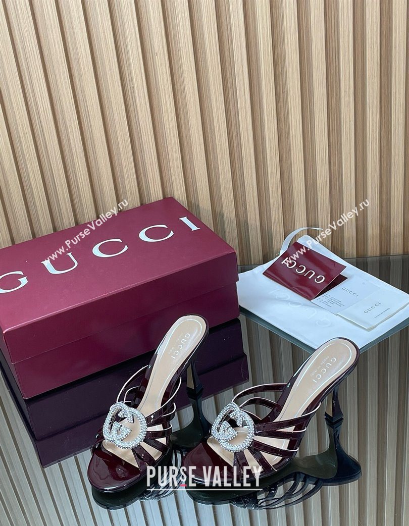 Gucci Patent Leather Heel Slides Sandal 8.5cm with Strass Interlocking G Dark Burgundy 2025 852663 (MD-251217102)