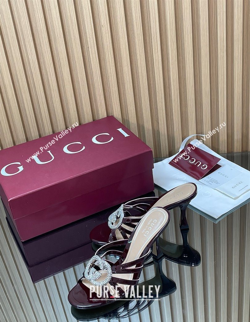 Gucci Patent Leather Heel Slides Sandal 8.5cm with Strass Interlocking G Dark Burgundy 2025 852663 (MD-251217102)