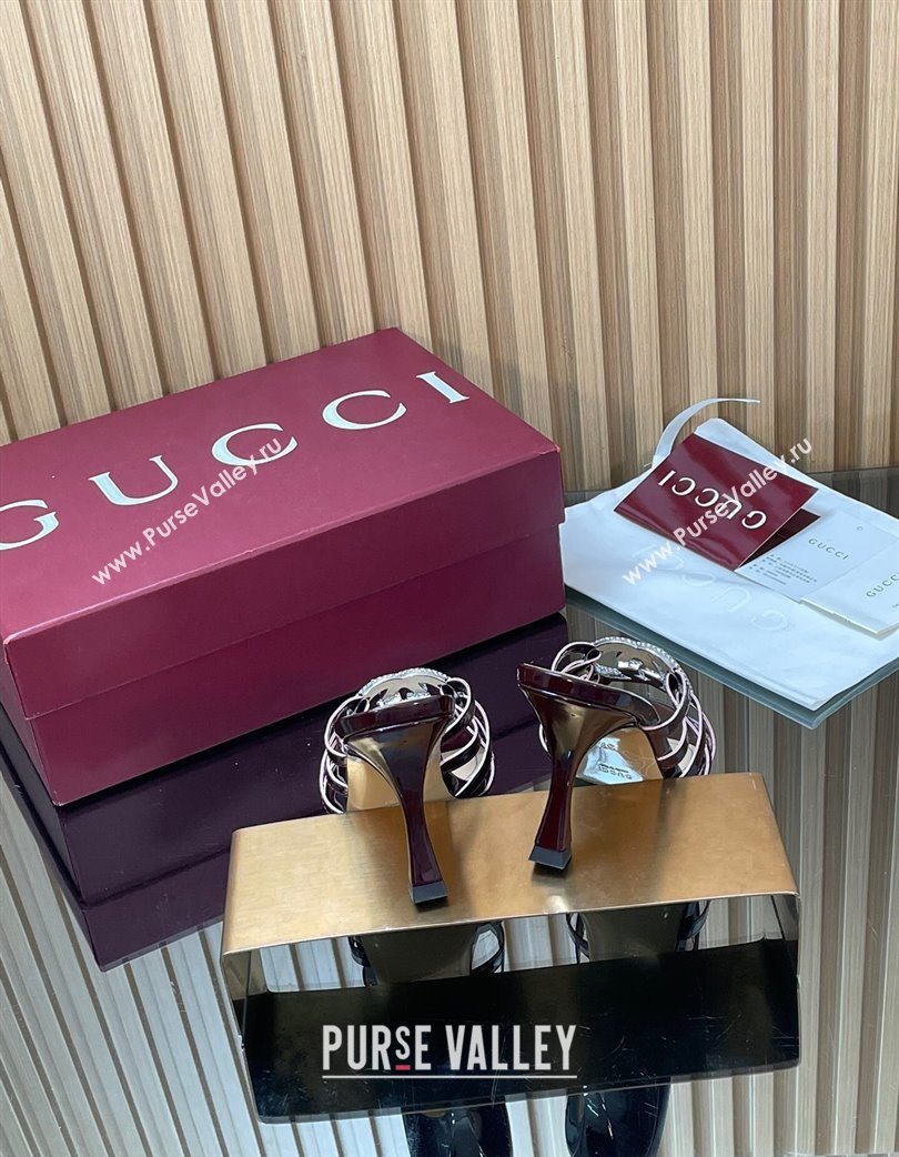 Gucci Patent Leather Heel Slides Sandal 8.5cm with Strass Interlocking G Dark Burgundy 2025 852663 (MD-251217102)