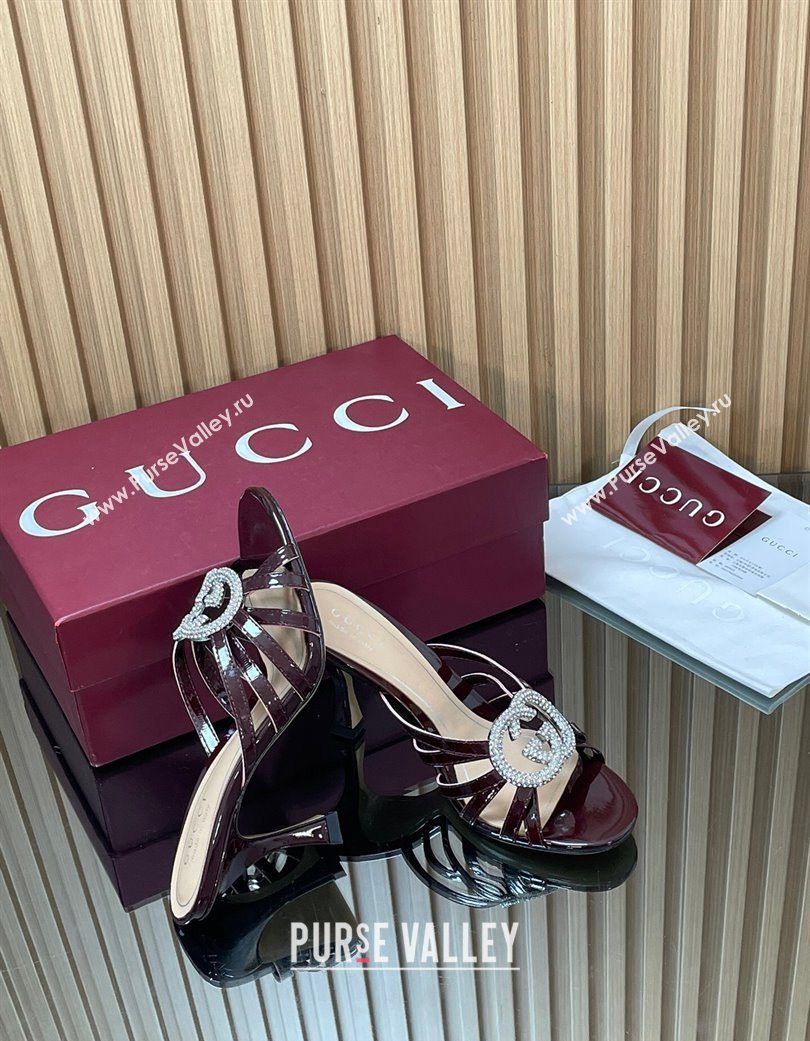 Gucci Patent Leather Heel Slides Sandal 8.5cm with Strass Interlocking G Dark Burgundy 2025 852663 (MD-251217102)