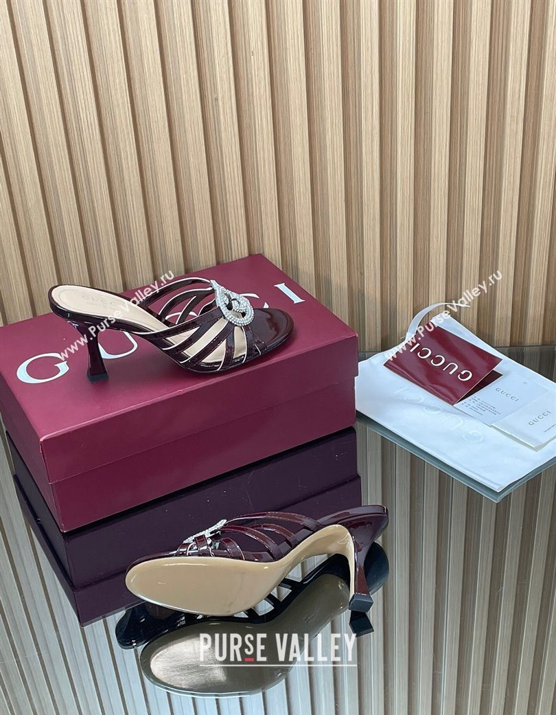 Gucci Patent Leather Heel Slides Sandal 8.5cm with Strass Interlocking G Dark Burgundy 2025 852663 (MD-251217102)
