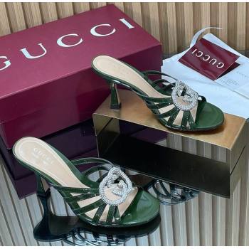 Gucci Patent Leather Heel Slides Sandal 8.5cm with Strass Interlocking G Green 2025 852663 (MD-251217103)