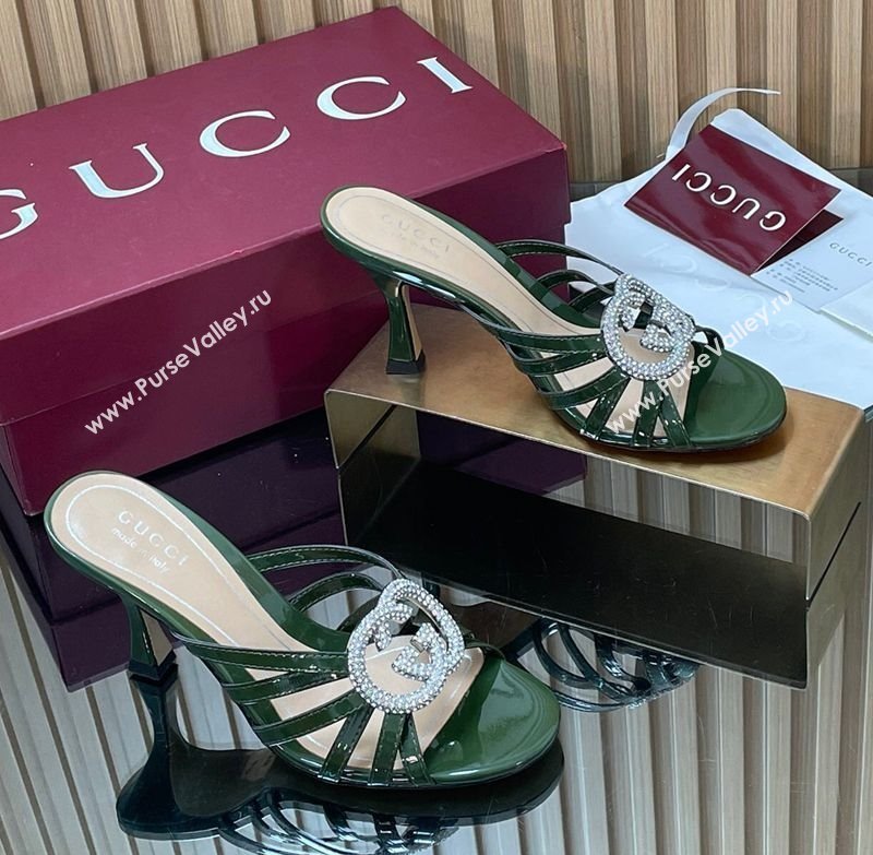 Gucci Patent Leather Heel Slides Sandal 8.5cm with Strass Interlocking G Green 2025 852663 (MD-251217103)