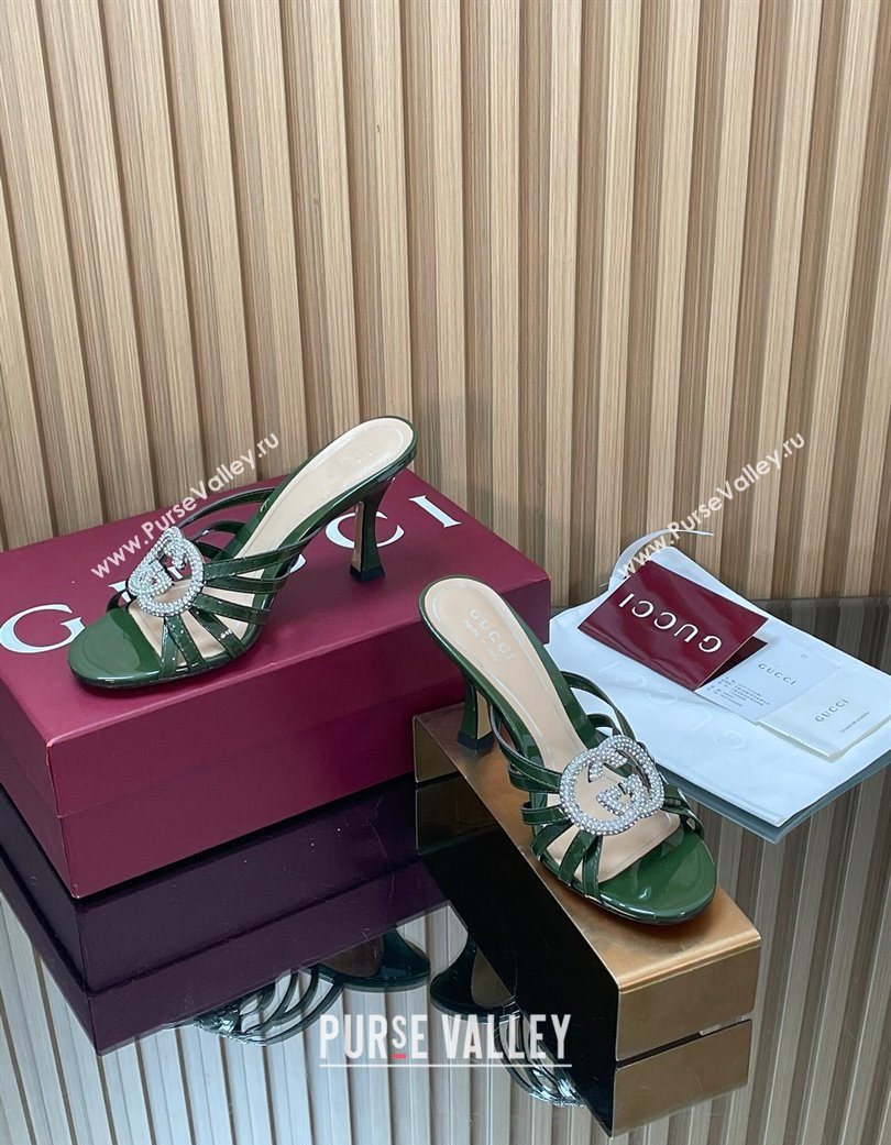 Gucci Patent Leather Heel Slides Sandal 8.5cm with Strass Interlocking G Green 2025 852663 (MD-251217103)