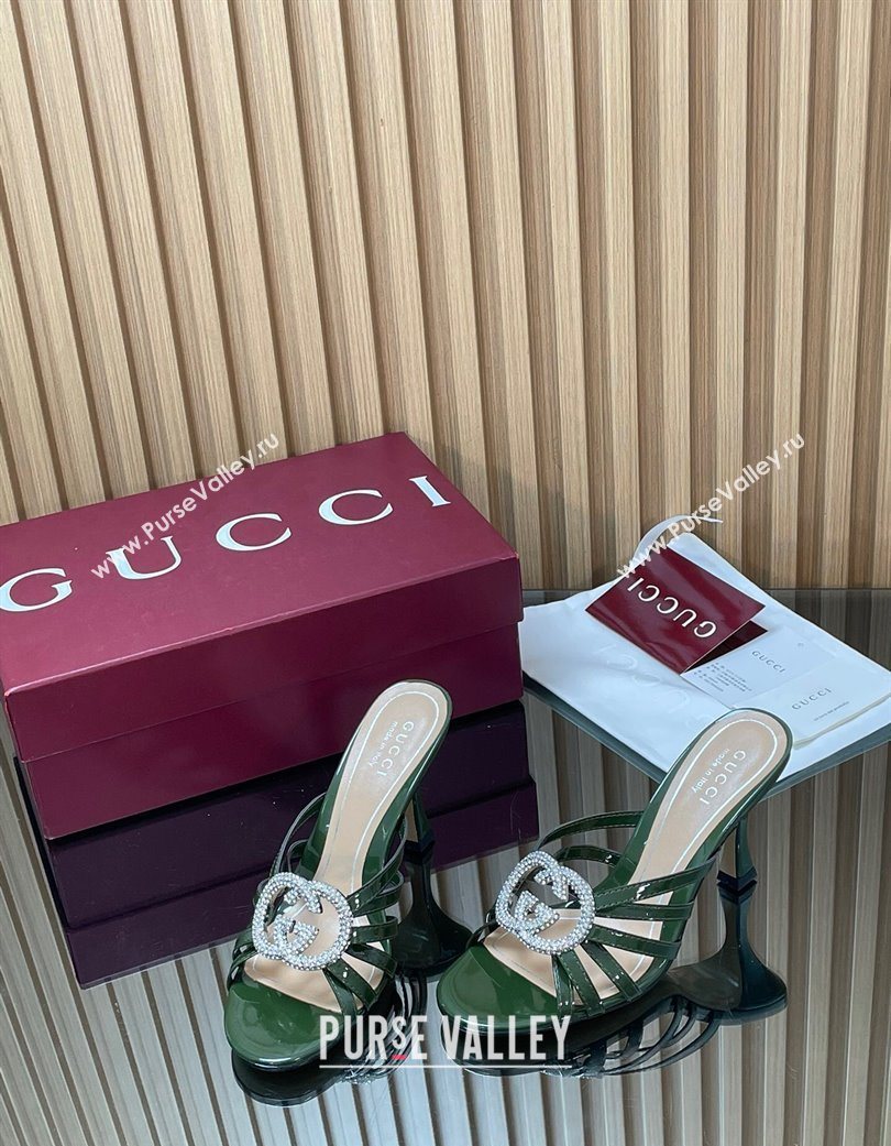 Gucci Patent Leather Heel Slides Sandal 8.5cm with Strass Interlocking G Green 2025 852663 (MD-251217103)