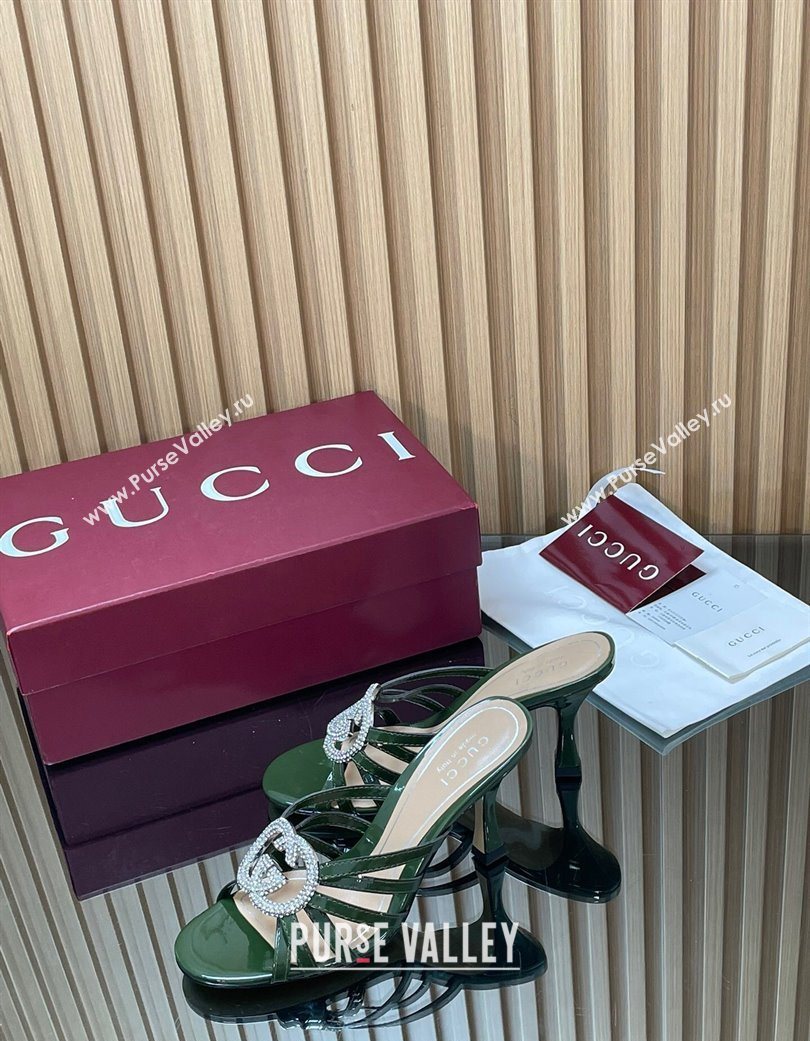 Gucci Patent Leather Heel Slides Sandal 8.5cm with Strass Interlocking G Green 2025 852663 (MD-251217103)