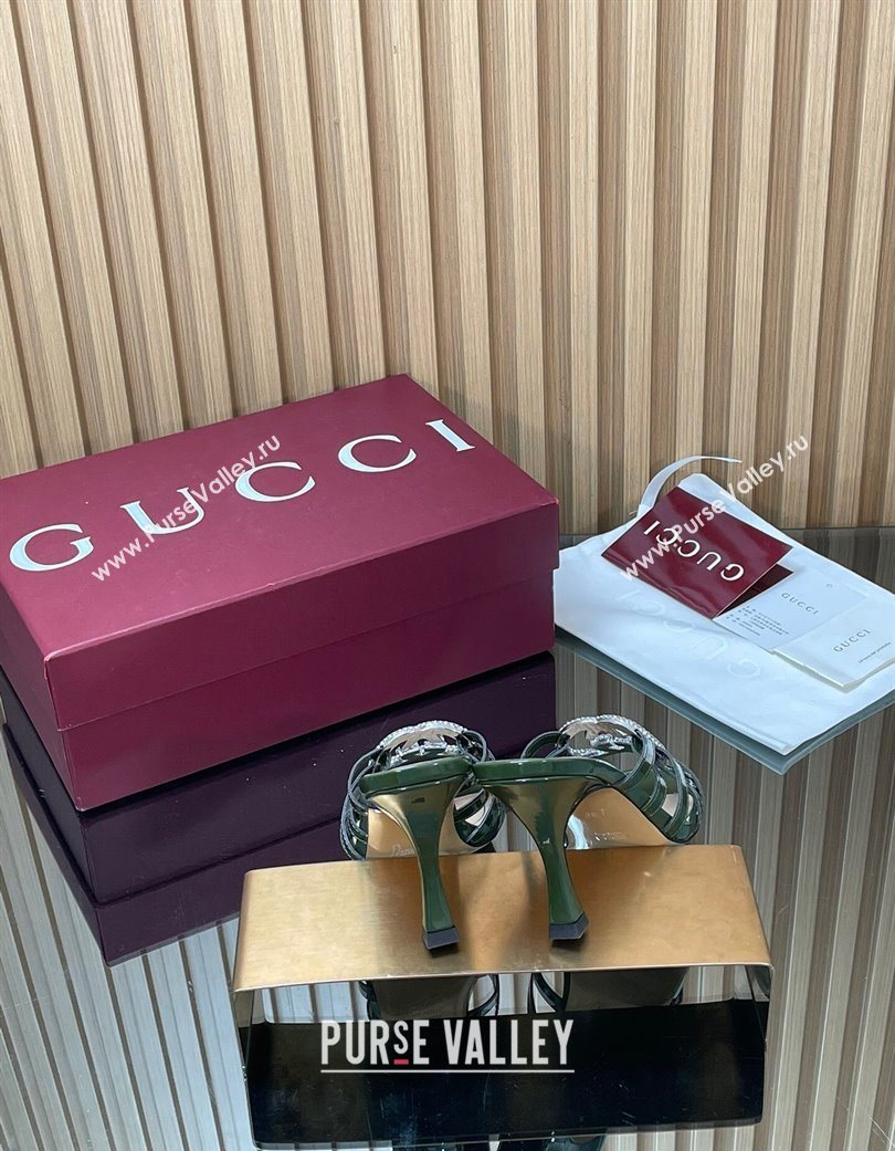 Gucci Patent Leather Heel Slides Sandal 8.5cm with Strass Interlocking G Green 2025 852663 (MD-251217103)