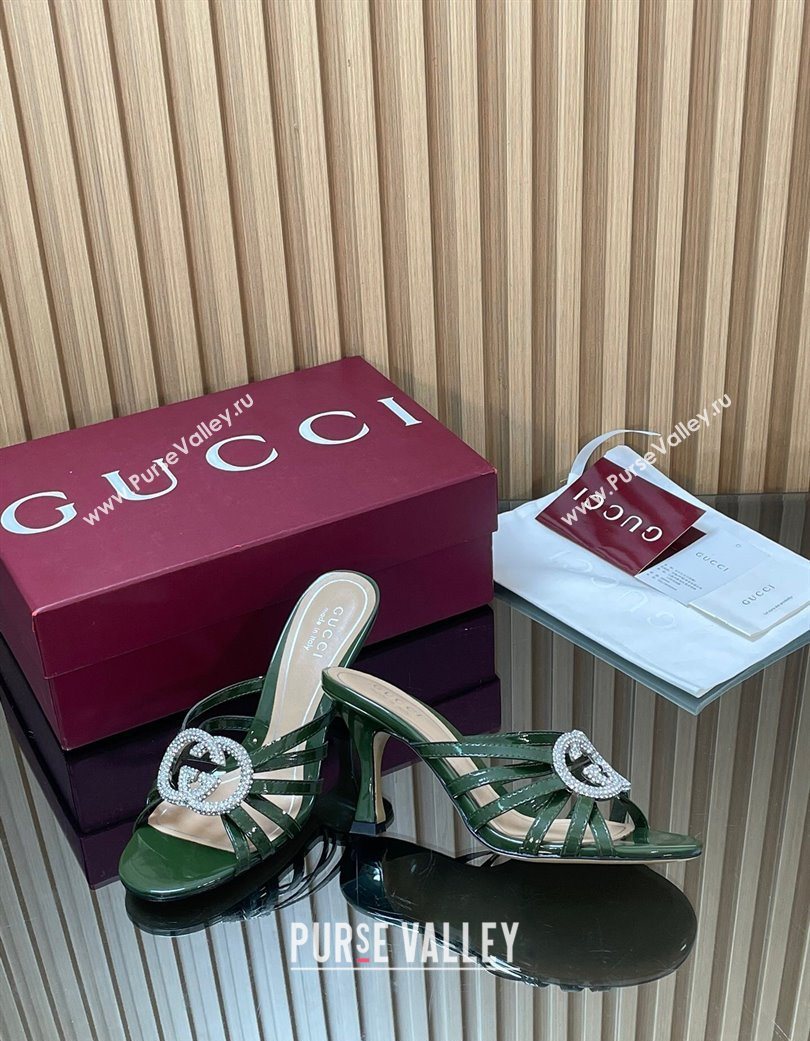 Gucci Patent Leather Heel Slides Sandal 8.5cm with Strass Interlocking G Green 2025 852663 (MD-251217103)
