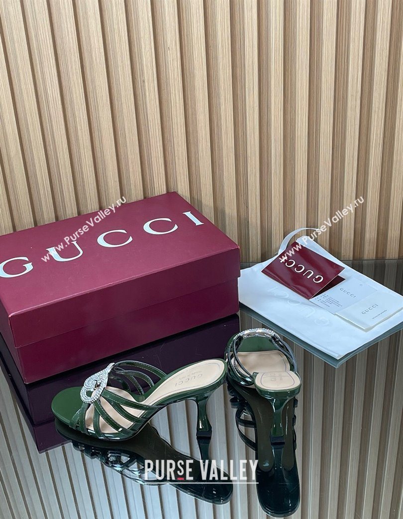 Gucci Patent Leather Heel Slides Sandal 8.5cm with Strass Interlocking G Green 2025 852663 (MD-251217103)