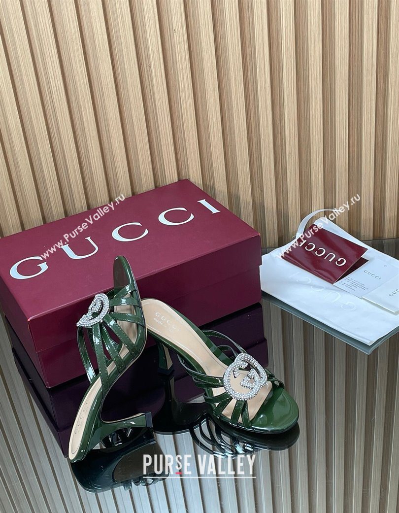 Gucci Patent Leather Heel Slides Sandal 8.5cm with Strass Interlocking G Green 2025 852663 (MD-251217103)