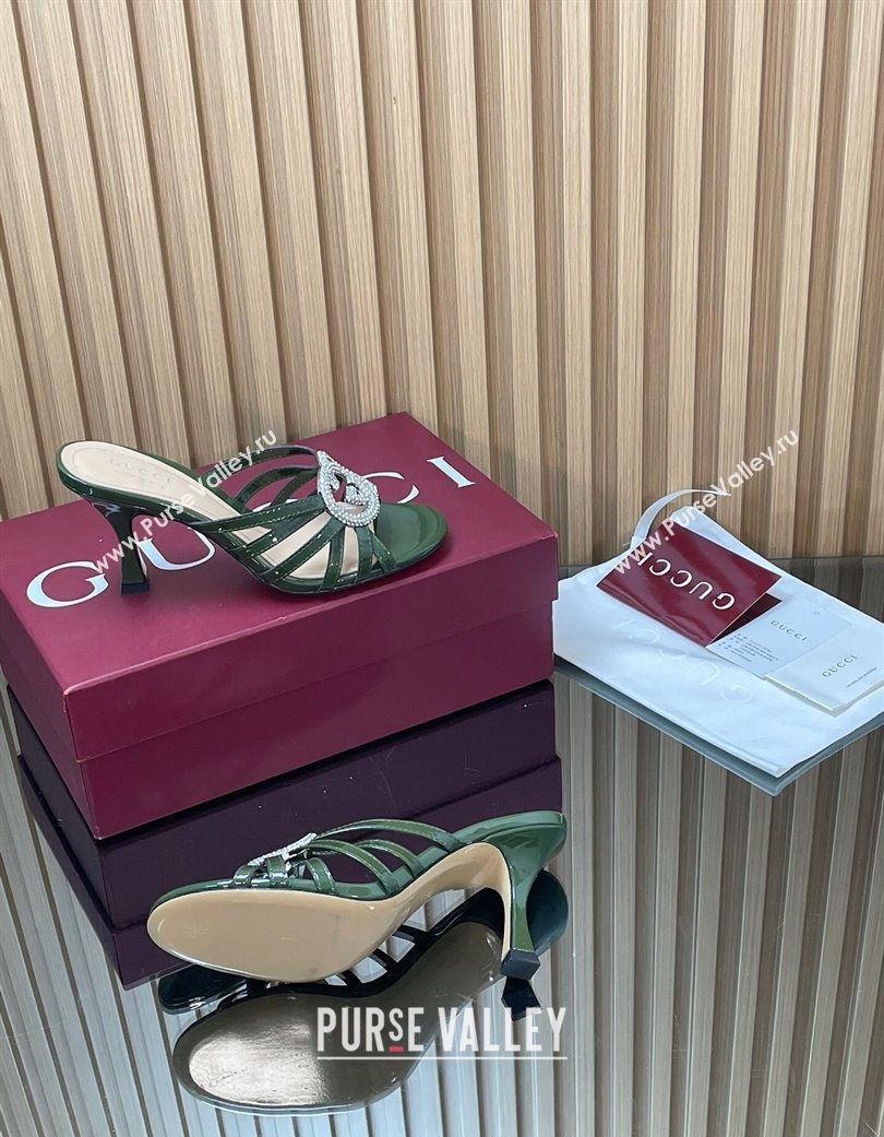 Gucci Patent Leather Heel Slides Sandal 8.5cm with Strass Interlocking G Green 2025 852663 (MD-251217103)