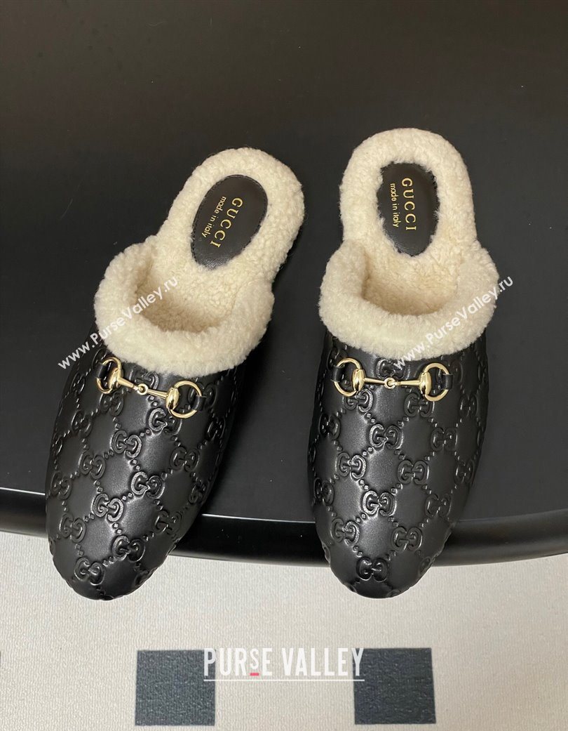 Gucci Princetown GG Leather and Wool Flat Loafers with Horsebit Black 20252 GG121802 (MD-251218087)