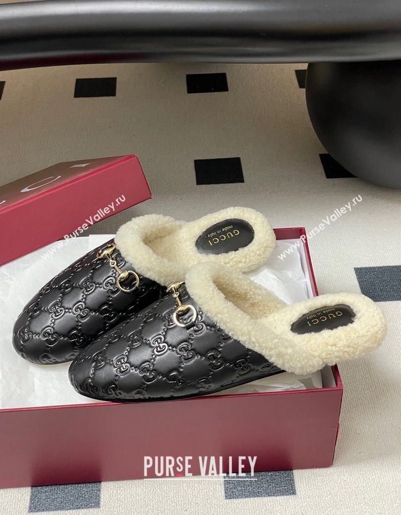 Gucci Princetown GG Leather and Wool Flat Loafers with Horsebit Black 20252 GG121802 (MD-251218087)