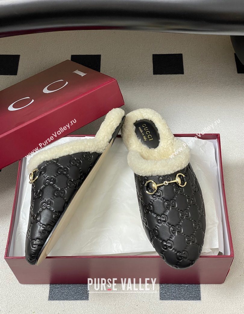 Gucci Princetown GG Leather and Wool Flat Loafers with Horsebit Black 20252 GG121802 (MD-251218087)