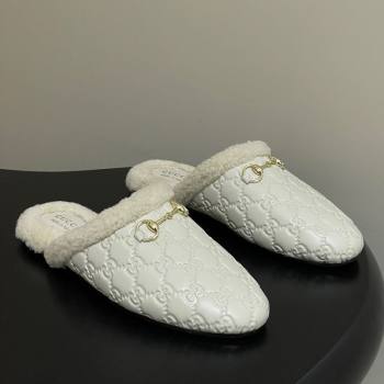 Gucci Princetown GG Leather and Wool Flat Loafers with Horsebit White 20252 GG121802 (MD-251218088)