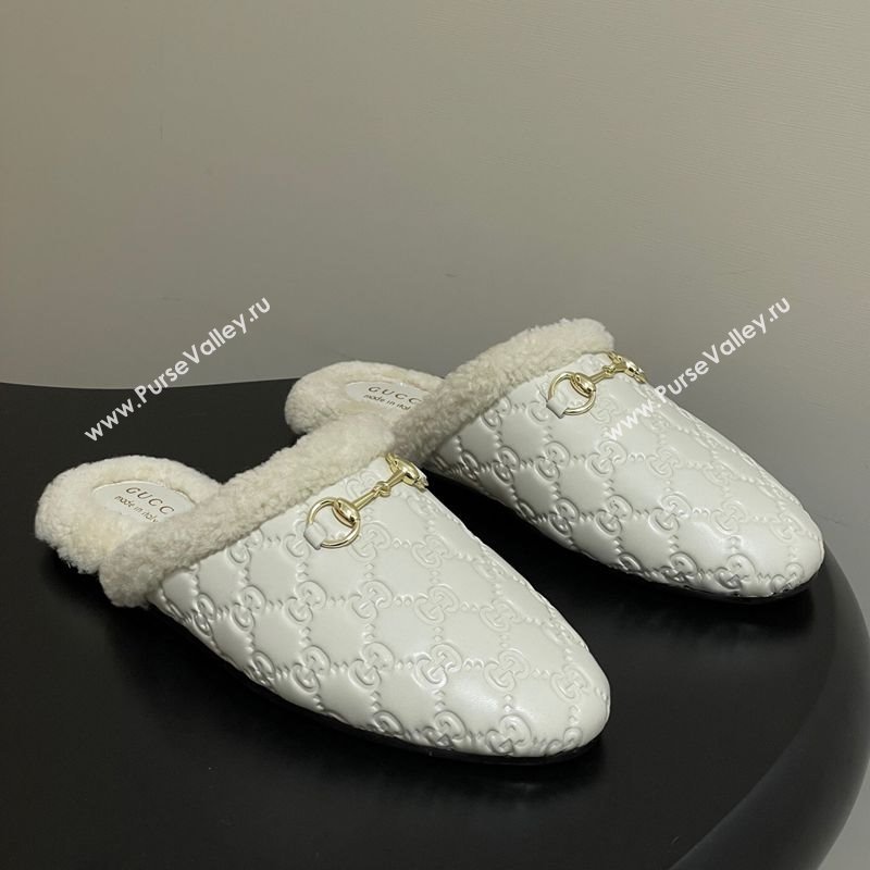 Gucci Princetown GG Leather and Wool Flat Loafers with Horsebit White 20252 GG121802 (MD-251218088)