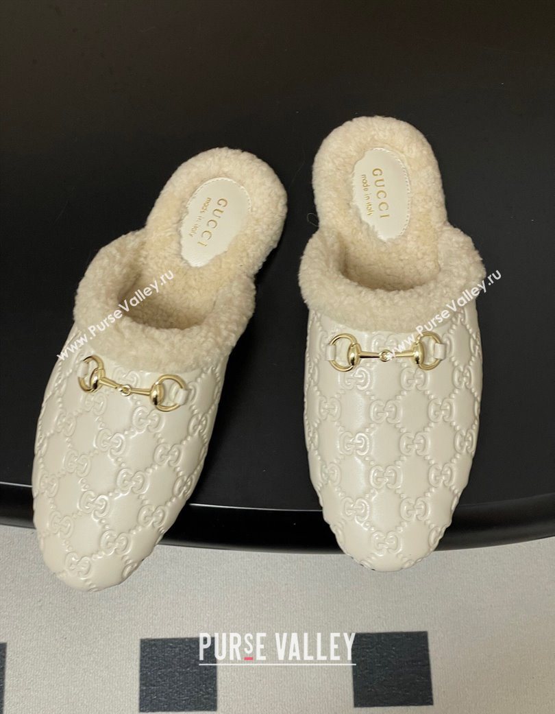 Gucci Princetown GG Leather and Wool Flat Loafers with Horsebit White 20252 GG121802 (MD-251218088)