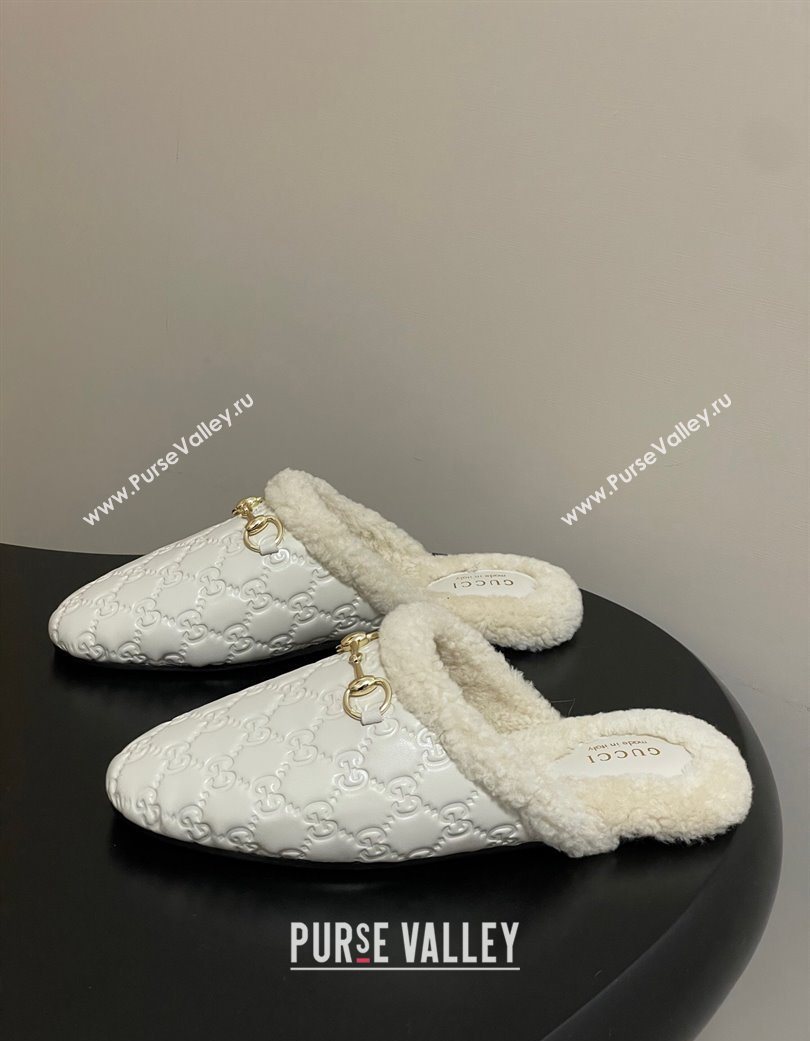 Gucci Princetown GG Leather and Wool Flat Loafers with Horsebit White 20252 GG121802 (MD-251218088)