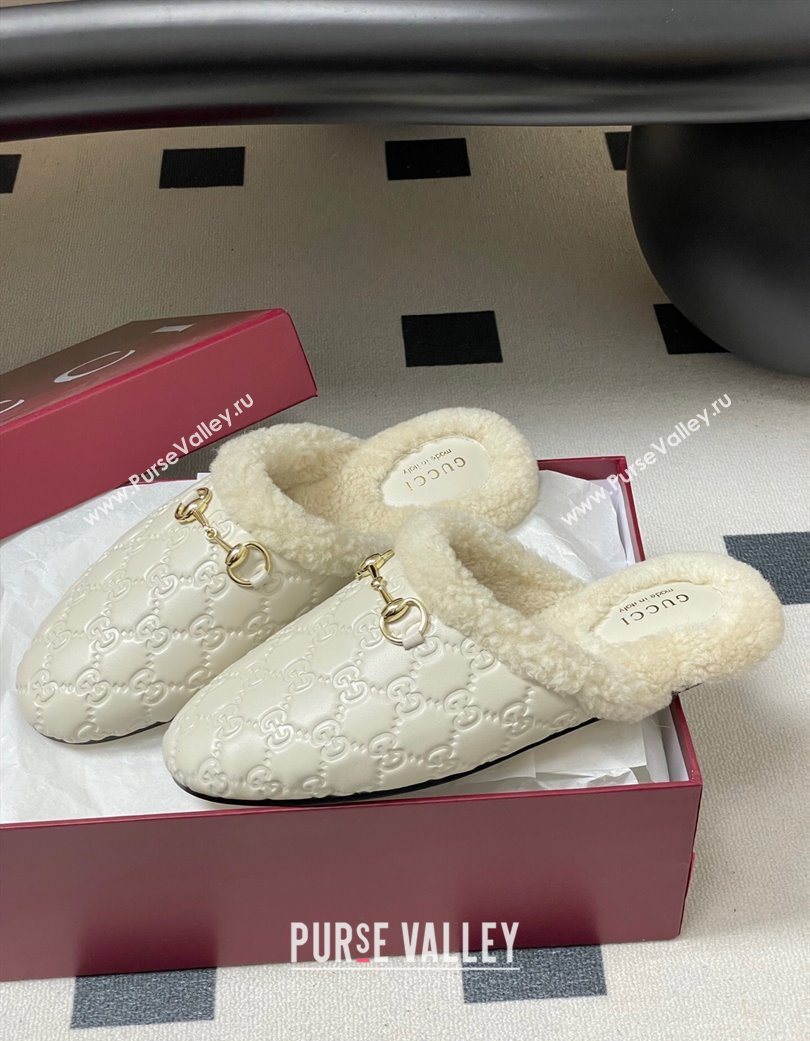 Gucci Princetown GG Leather and Wool Flat Loafers with Horsebit White 20252 GG121802 (MD-251218088)