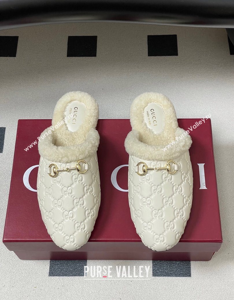 Gucci Princetown GG Leather and Wool Flat Loafers with Horsebit White 20252 GG121802 (MD-251218088)