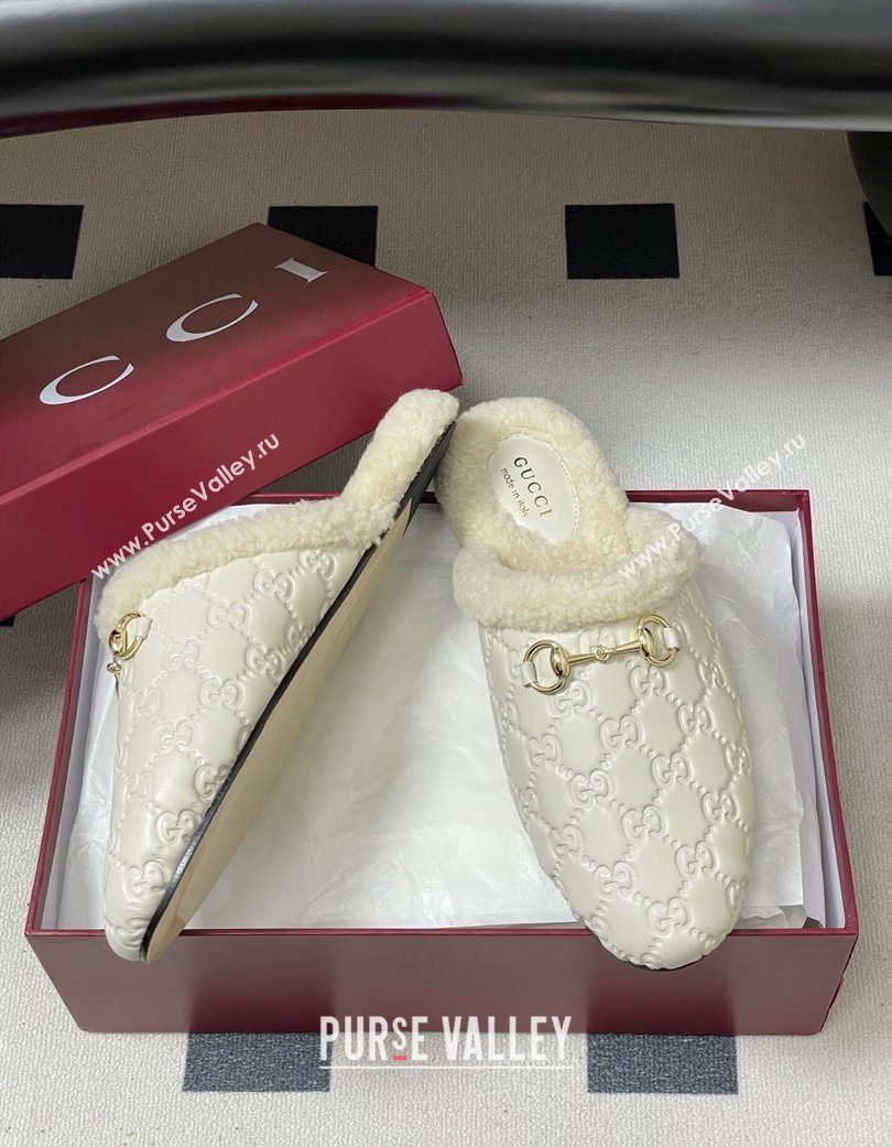 Gucci Princetown GG Leather and Wool Flat Loafers with Horsebit White 20252 GG121802 (MD-251218088)