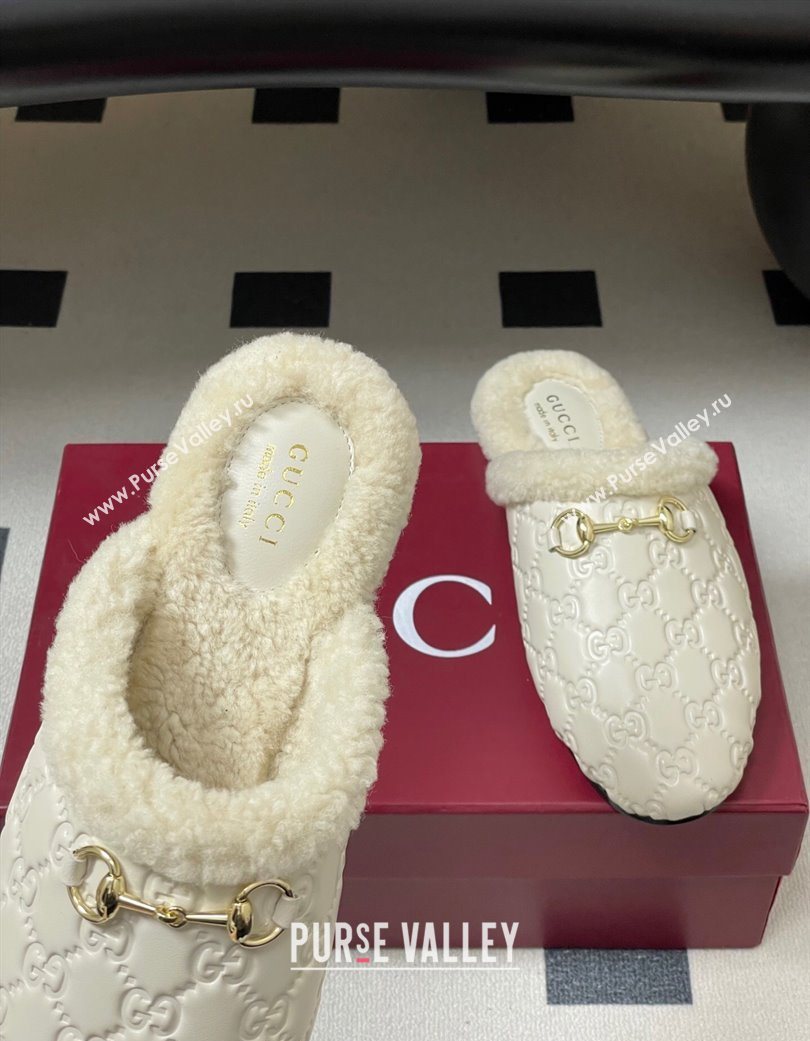 Gucci Princetown GG Leather and Wool Flat Loafers with Horsebit White 20252 GG121802 (MD-251218088)