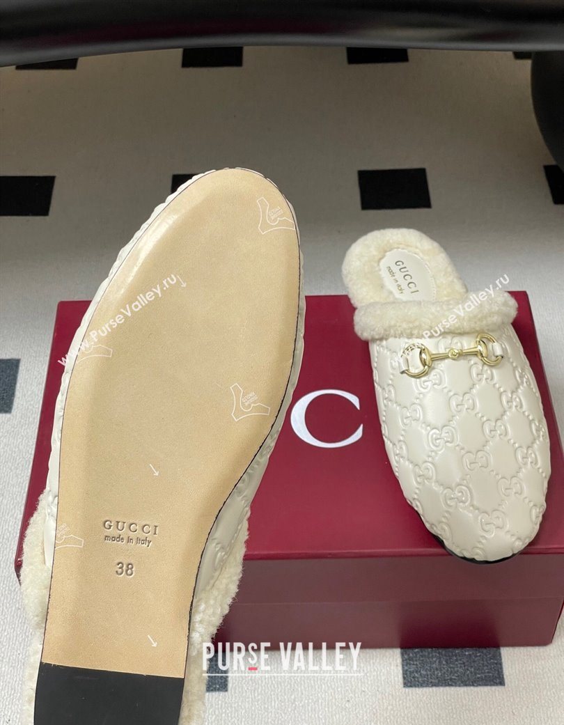 Gucci Princetown GG Leather and Wool Flat Loafers with Horsebit White 20252 GG121802 (MD-251218088)