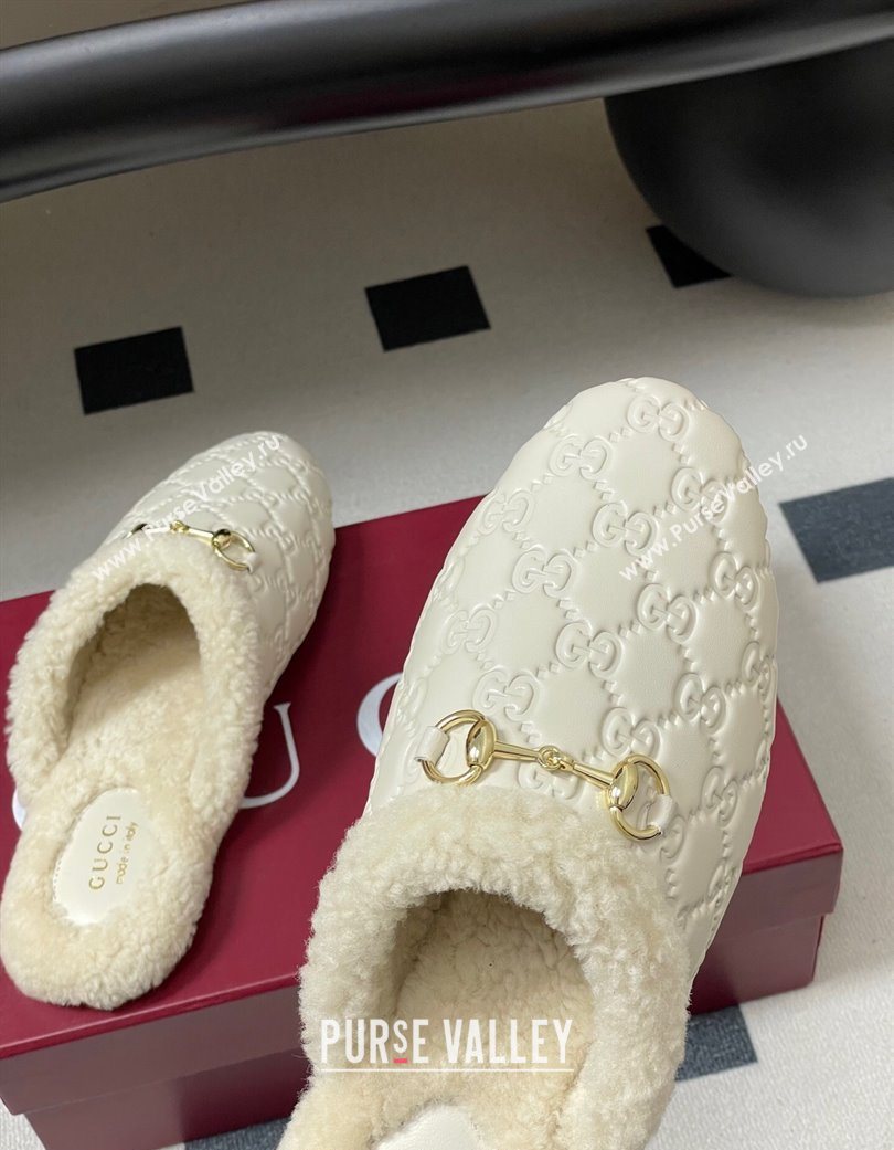 Gucci Princetown GG Leather and Wool Flat Loafers with Horsebit White 20252 GG121802 (MD-251218088)