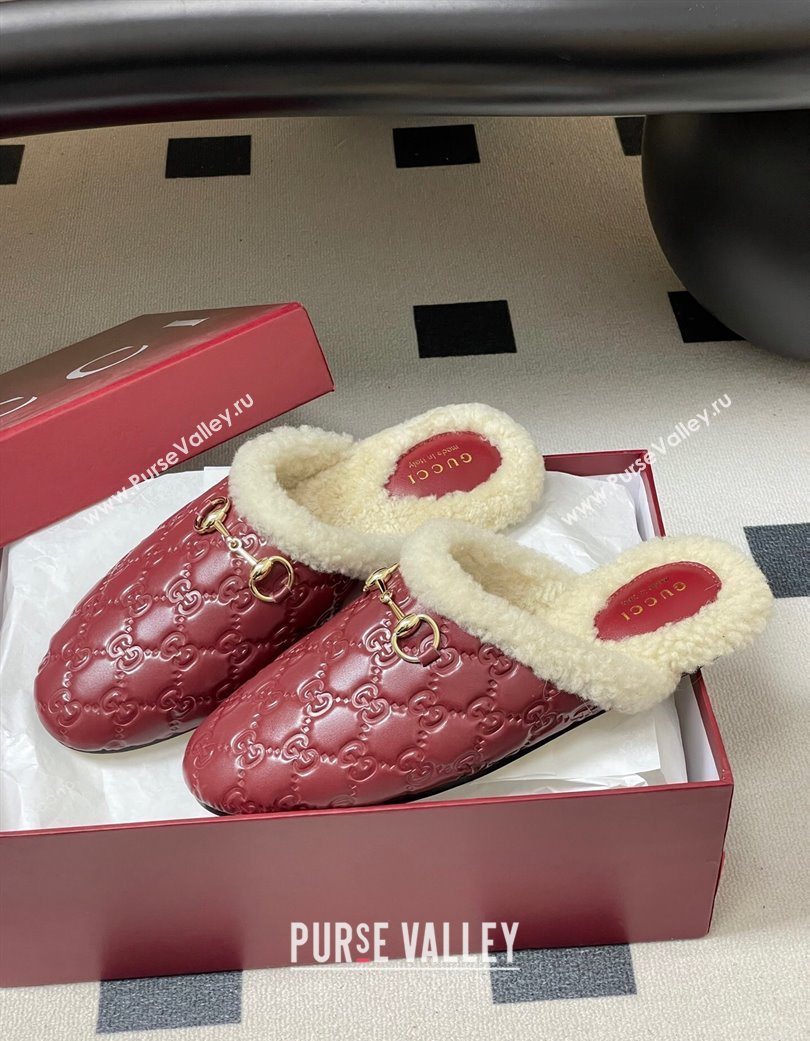 Gucci Princetown GG Leather and Wool Flat Loafers with Horsebit Red 20252 GG121802 (MD-251218089)