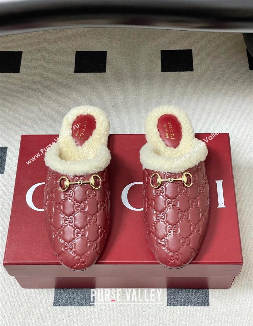 Gucci Princetown GG Leather and Wool Flat Loafers with Horsebit Red 20252 GG121802 (MD-251218089)