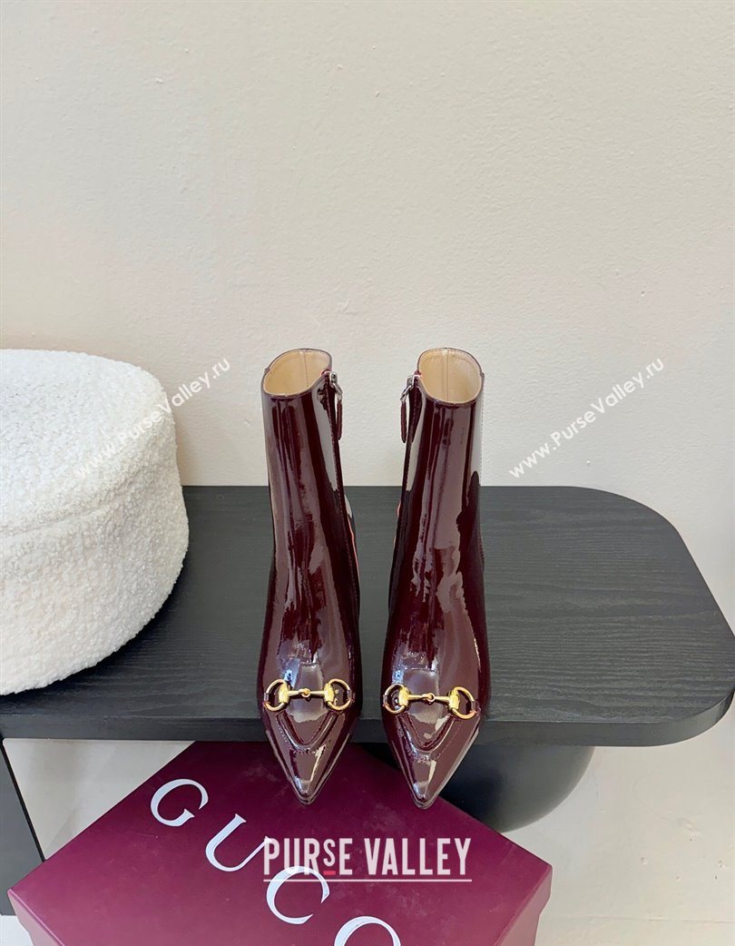 Gucci Patent Leather Heel Ankle Boots 9.5cm with Horsebit Dark Burgundy 2025 835741 (MD-251218008)