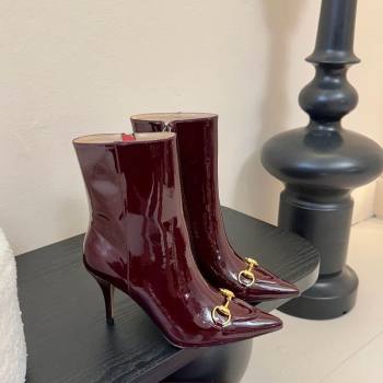 Gucci Patent Leather Heel Ankle Boots 9.5cm with Horsebit Dark Burgundy 2025 835741 (MD-251218008)