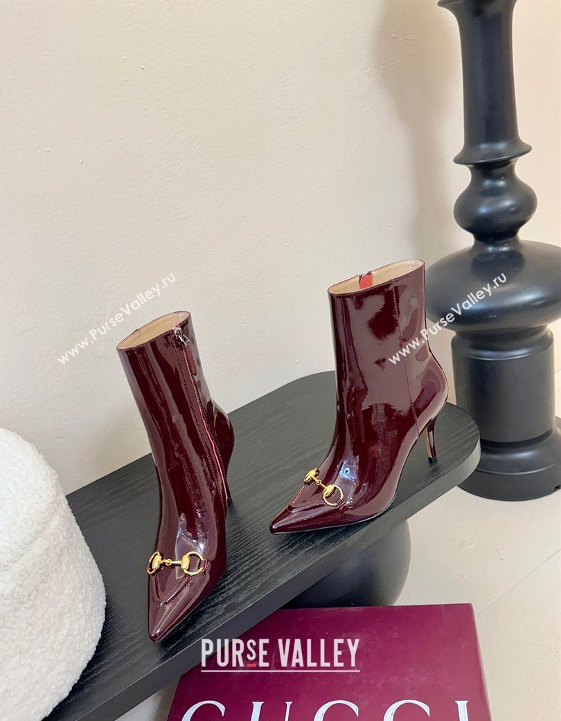 Gucci Patent Leather Heel Ankle Boots 9.5cm with Horsebit Dark Burgundy 2025 835741 (MD-251218008)