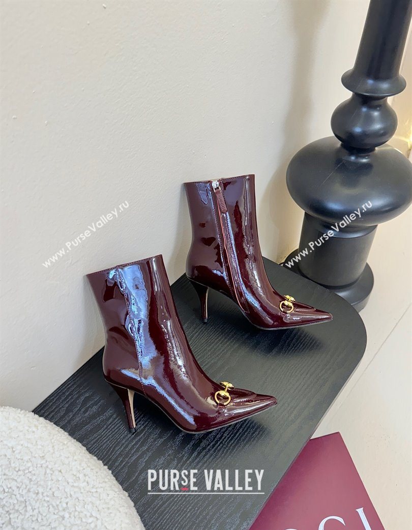 Gucci Patent Leather Heel Ankle Boots 9.5cm with Horsebit Dark Burgundy 2025 835741 (MD-251218008)