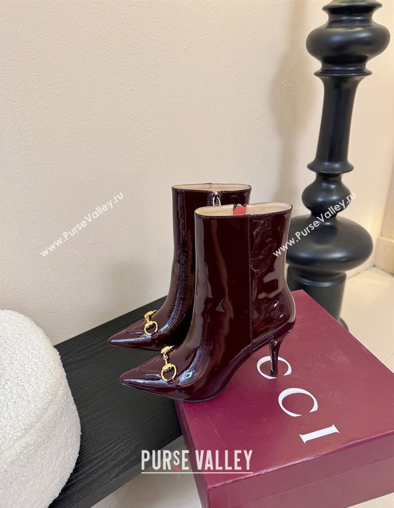 Gucci Patent Leather Heel Ankle Boots 9.5cm with Horsebit Dark Burgundy 2025 835741 (MD-251218008)