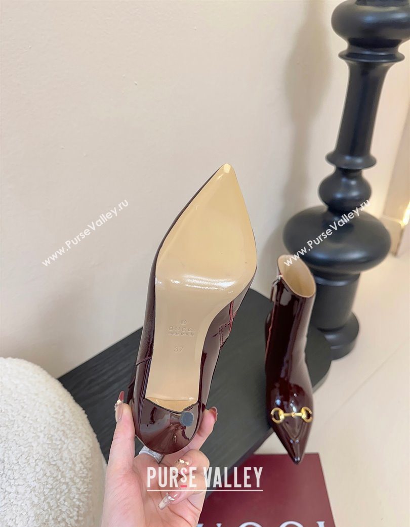 Gucci Patent Leather Heel Ankle Boots 9.5cm with Horsebit Dark Burgundy 2025 835741 (MD-251218008)