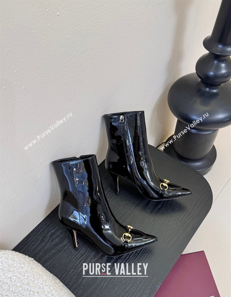 Gucci Patent Leather Heel Ankle Boots 9.5cm with Horsebit Black 2025 835741 (MD-251218009)