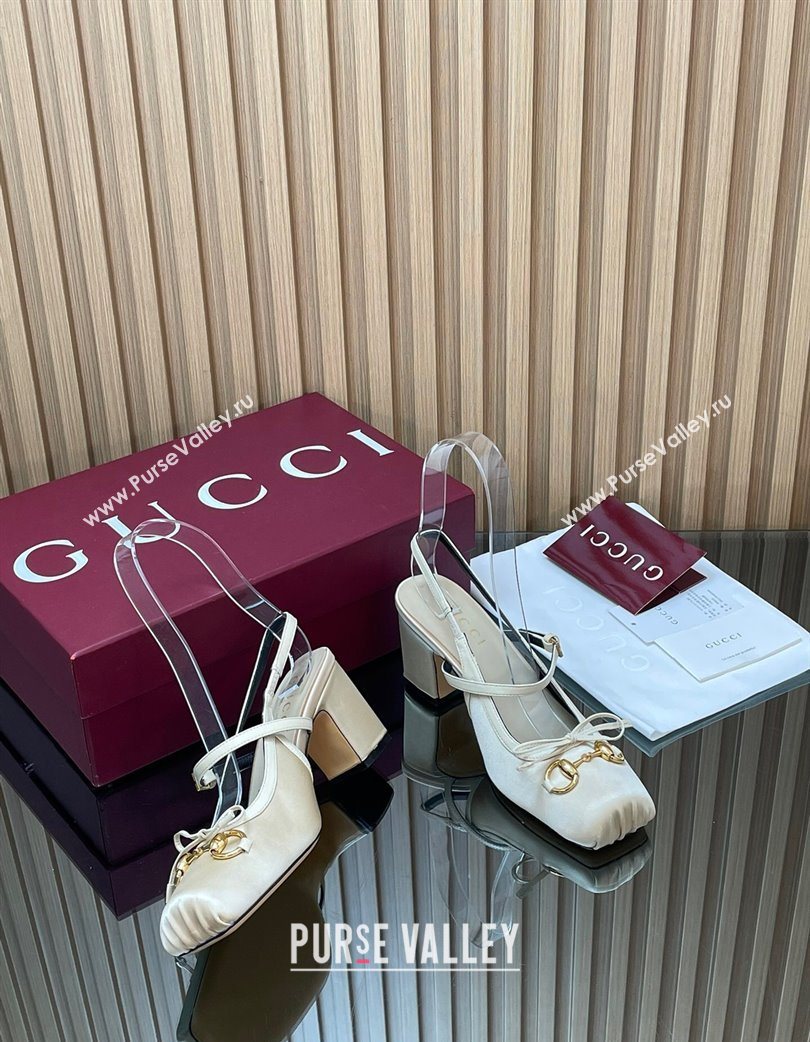 Gucci Horsebit Slingback Pumps 6.5cm in Satin White 2025 850327 (SS-251218026)