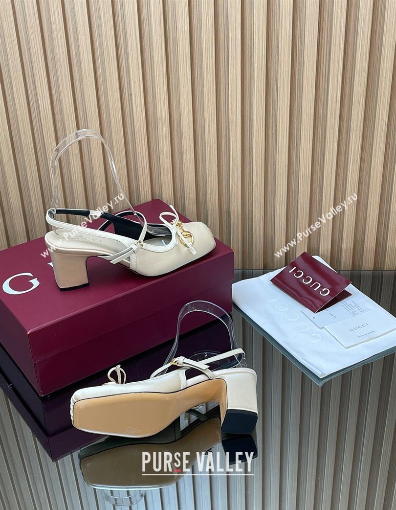 Gucci Horsebit Slingback Pumps 6.5cm in Satin White 2025 850327 (SS-251218026)