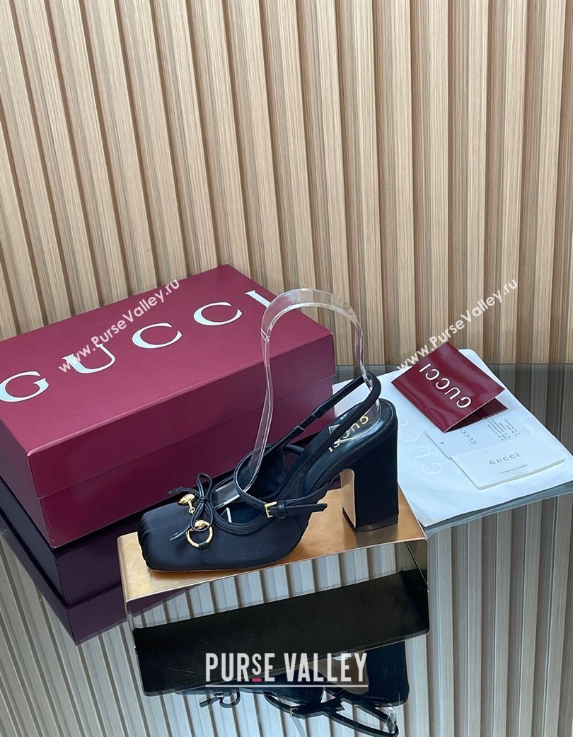 Gucci Horsebit Slingback Pumps 9.5cm in Satin Black 2025 850327 (SS-251218027)