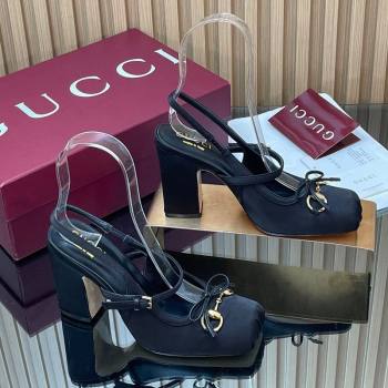 Gucci Horsebit Slingback Pumps 9.5cm in Satin Black 2025 850327 (SS-251218027)