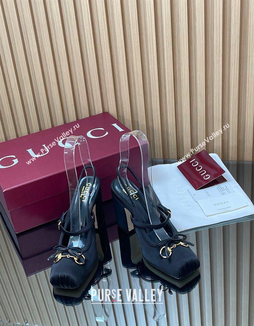 Gucci Horsebit Slingback Pumps 9.5cm in Satin Black 2025 850327 (SS-251218027)