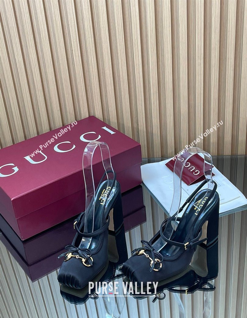 Gucci Horsebit Slingback Pumps 9.5cm in Satin Black 2025 850327 (SS-251218027)